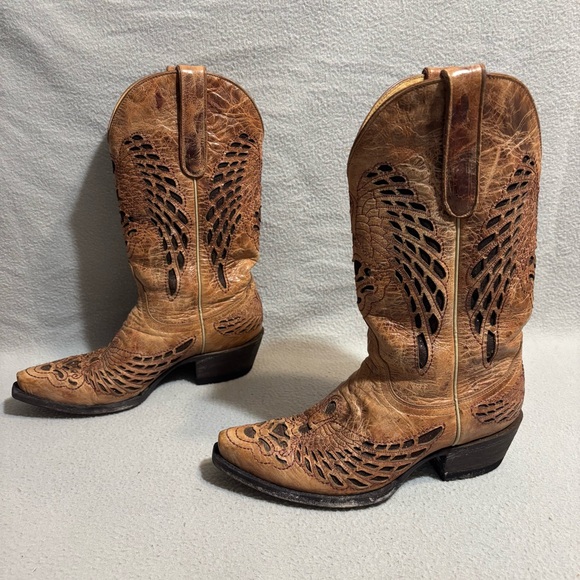 Cavenders Tan Leather Cowgirl Boots sz 7B Snip Toe Angel Wings Design made in MX - Picture 2 of 8
